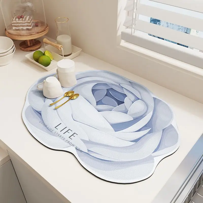 Alien White Green Camellia LIFE English Kitchen Drain Mat, Non Slip Coffee Machine Tableware, Protective Mat