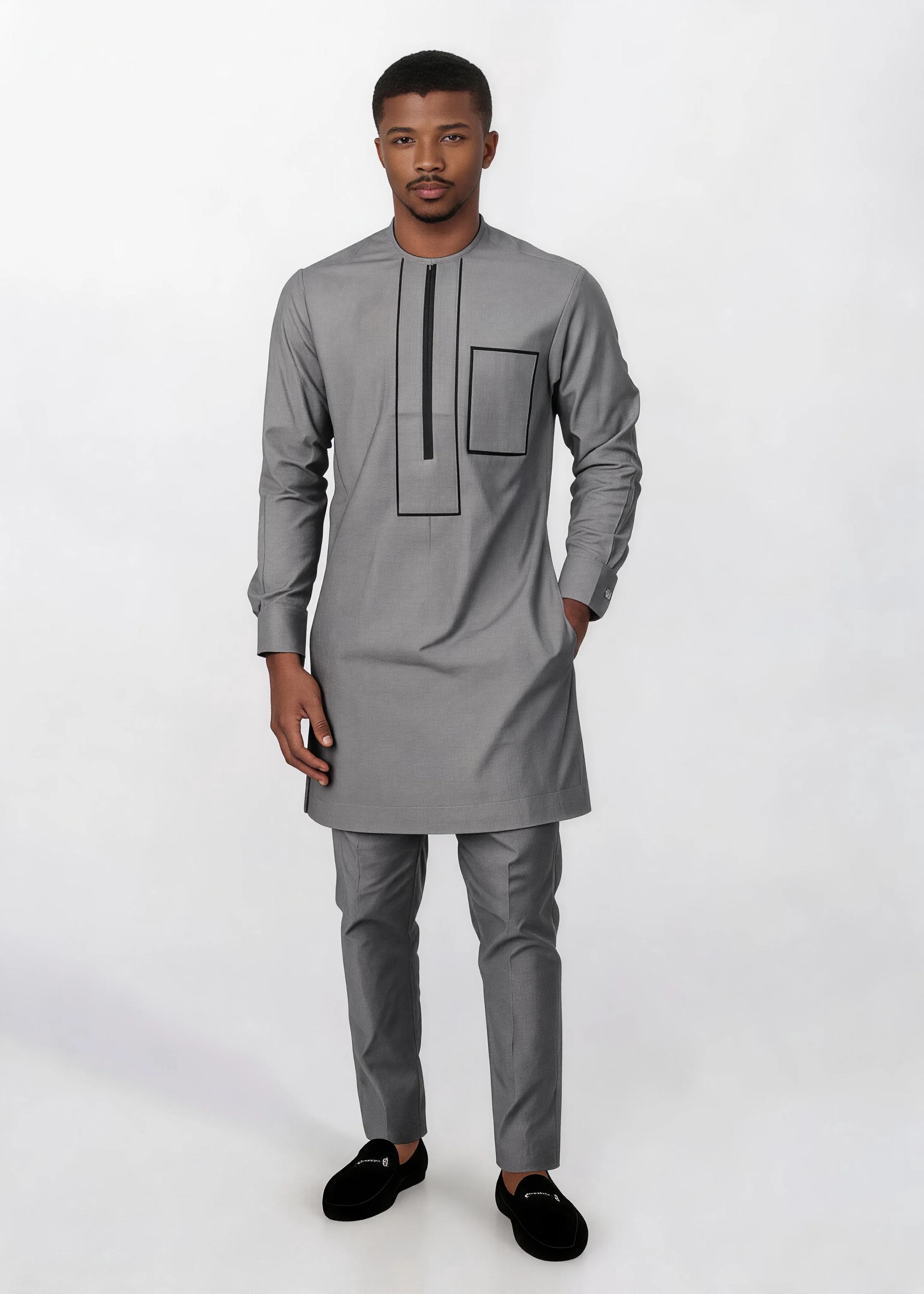Men African Dashiki 2‑Piece Outfit, Zip‑Front Contrast Trim Long Sleeve Tunic Top & Matching Pants, Formal Wedding Party Suit