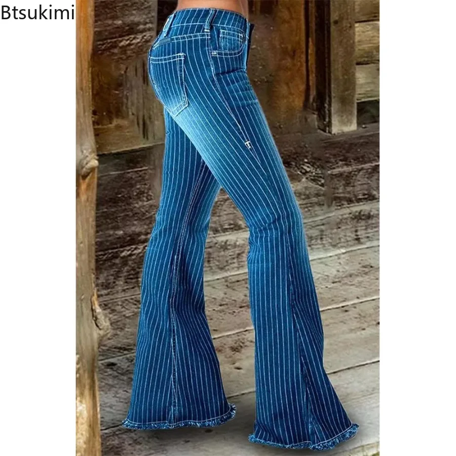 Stripe Jeans Women Mid Waist Flare Pants Ladies Trousers Female Casual Slim 2026 Spring Button High Strecth Elegant Office Lady