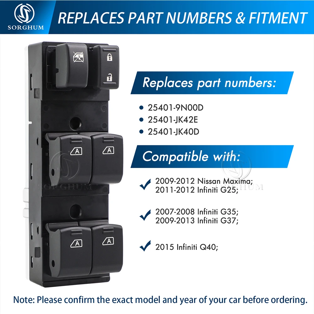 SORGHUM 25401-JK42E Master Driver Side Power Window Switch For Infiniti G25 G35 G37 Q40 2007 2008 2015 25401-JK40D 25401-9N00D