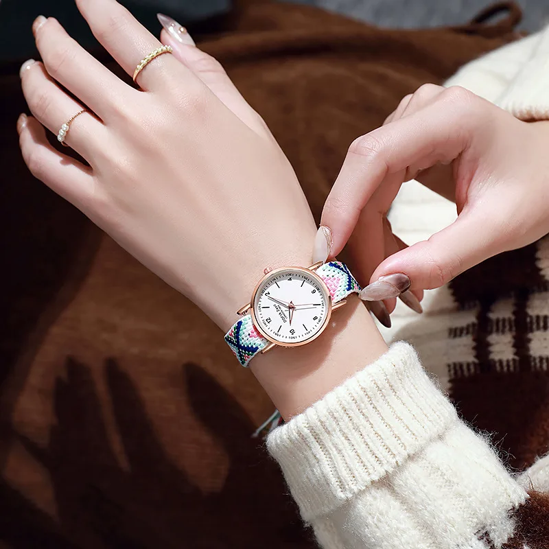 Women Quartz Watches Canvas Strap Simple Temperament Forest Style Fresh Bohemian Woven Design Luminous Wrist Watches For Daily