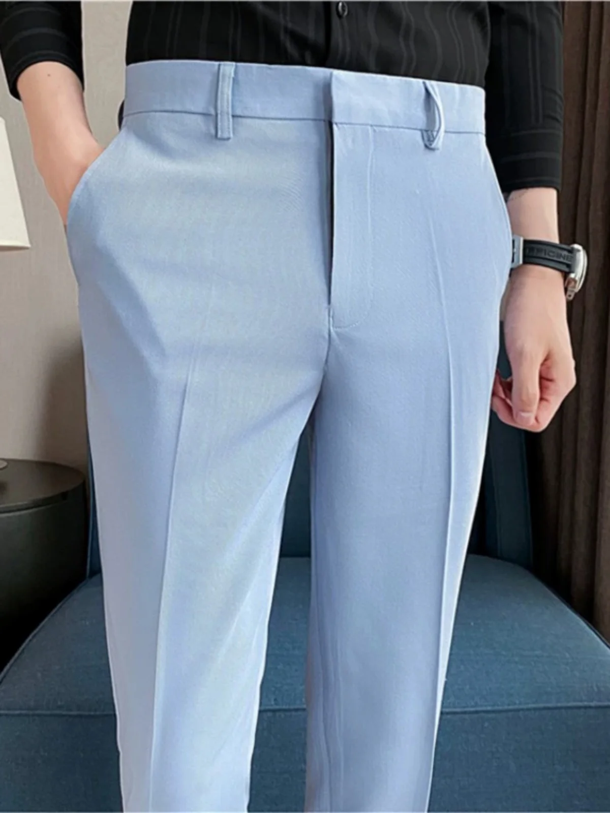 

Men's Slim Fit Casual Pants Drapey Light Blue Iron Free Busin Suit Long Trousers Polyester Viscose Spandex Blend Summer
