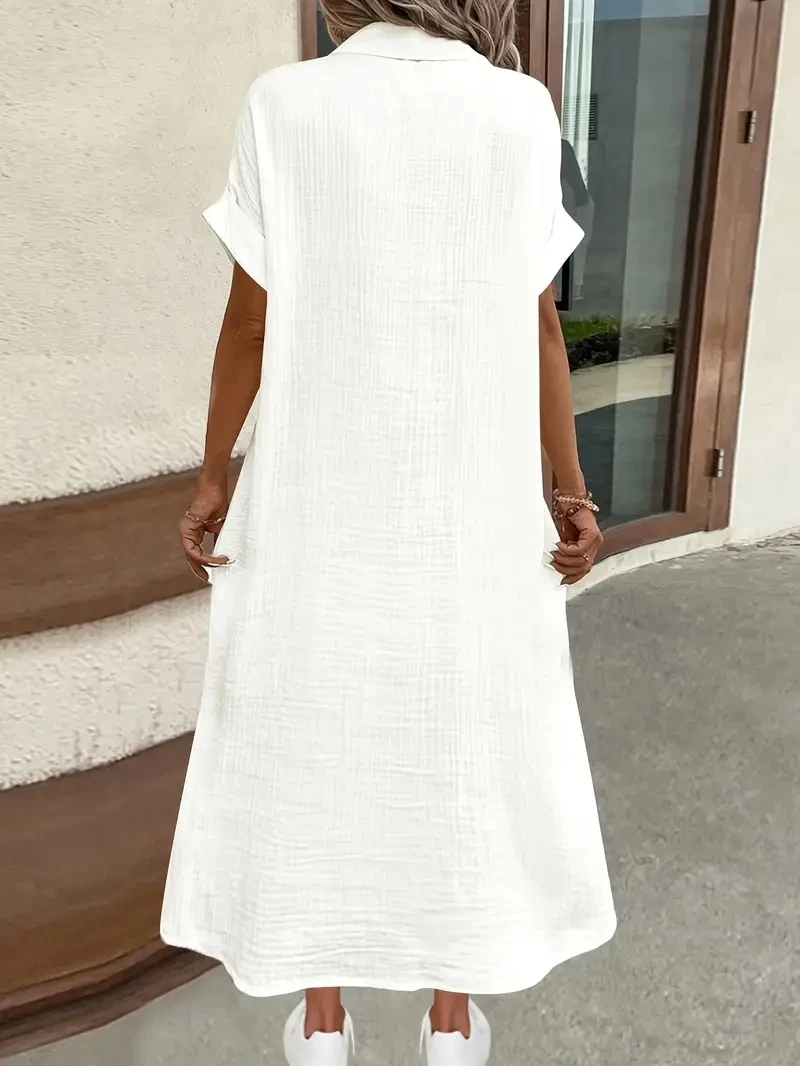 ชุดเดรสเชิ้ตฤดูร้อนลําลองของผู้หญิงปี 2025 ชุดเดรสแขนสั้นสีทึบ