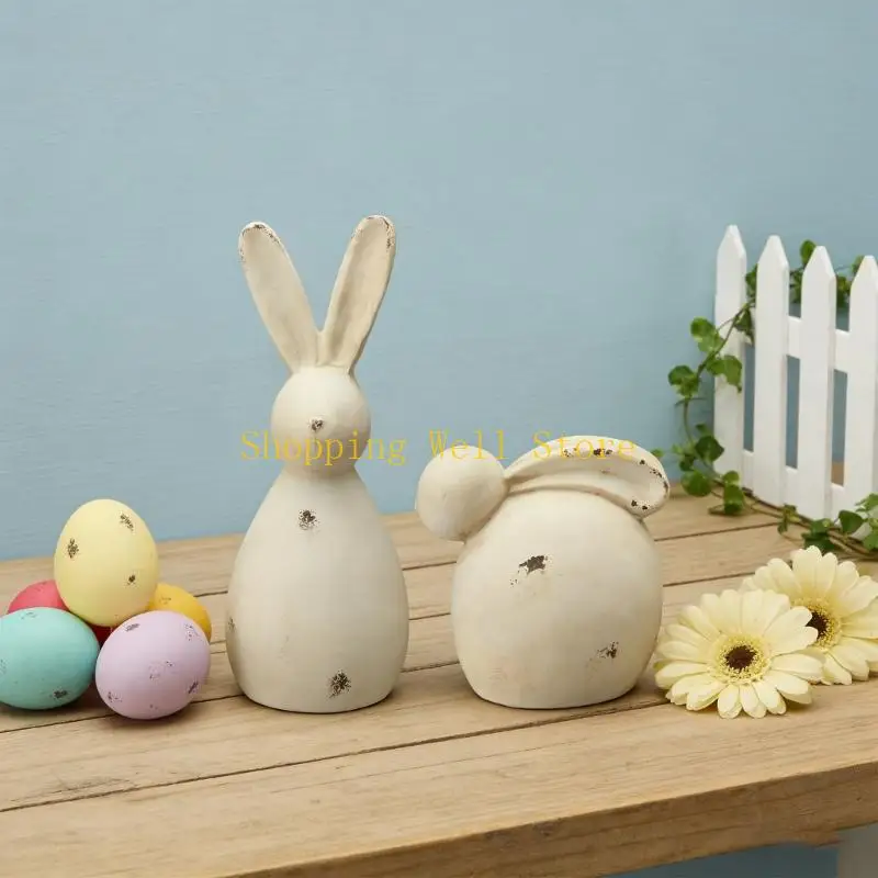 KX4B Easter Table Decors Resin Bunnies Figurine Set of 2 Distressed Ornaments For Spring Home Decoration And Holiday Gift
