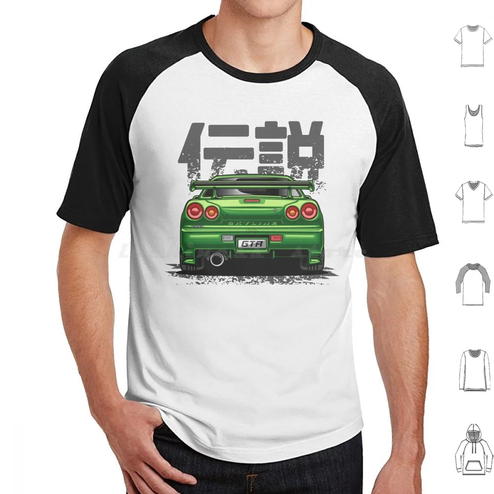تي شيرت Monster Skyline Gtr R34 (أخضر الحسد) مقاس كبير 100% قطن سيارات سيارات رياضية للسيارات والسيارات الخارقة #1