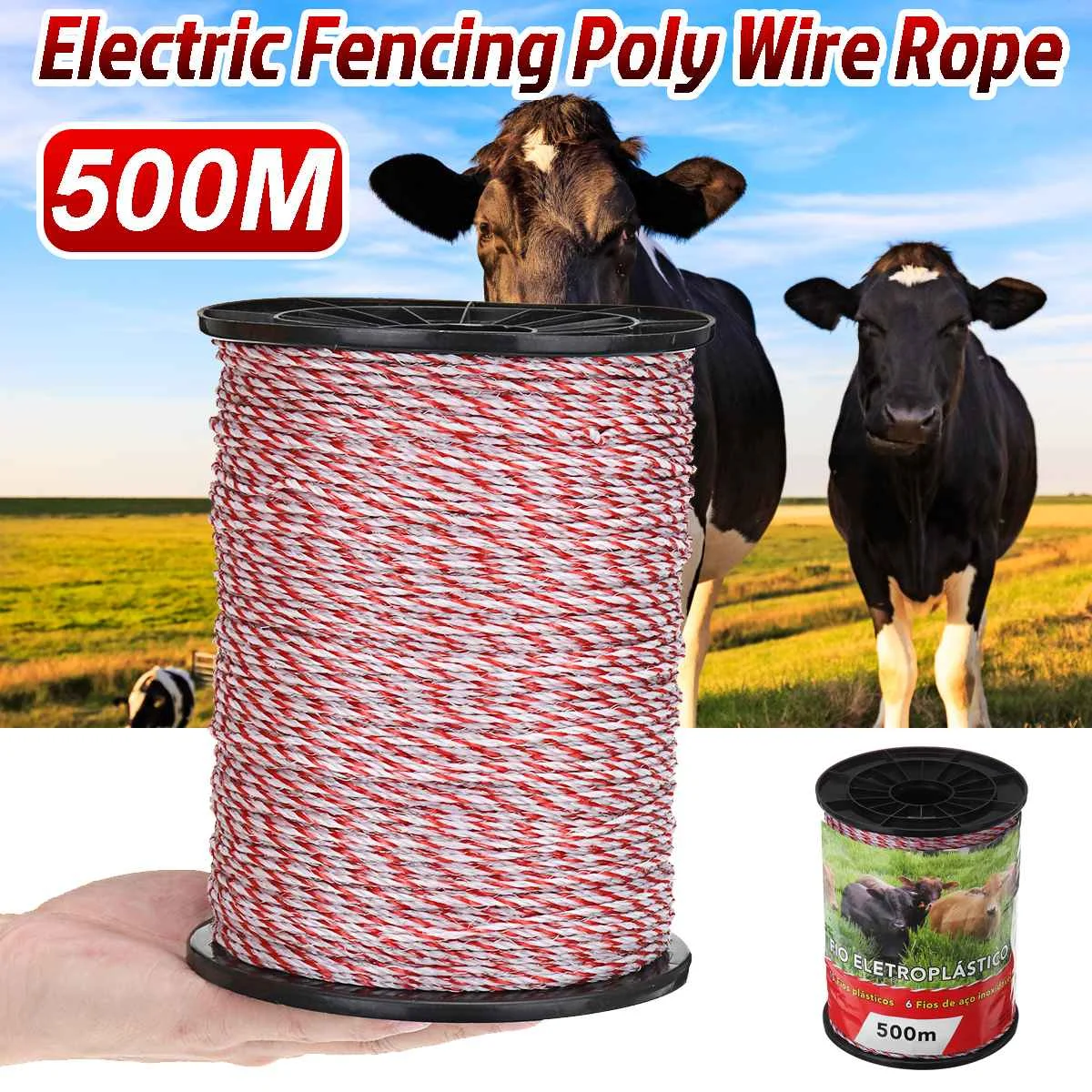 เชือกรั้วไฟฟ้าม้วนยาว500เมตรเส้นใยโพลีไวร์สีแดงขาวพร้อมเชือกโพลีเหล็กสำหรับทำรั้วสัตว์ม้าลวดต้านทานต่ำเป็นพิเศษ