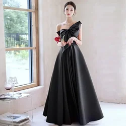 Black Evening Dress Elegant Temperament Prom Vestidos Bow Draped One-shoulder Strapless Cross Lace Up Graduation Dress