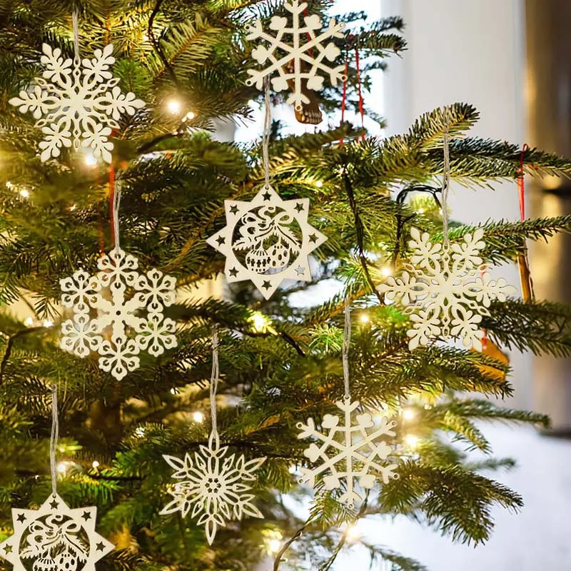 10pcs Christmas Wood Snowflake Chip Christmas Tree Scrapbooking Craft Handmade Home Decoration Accessory Painting