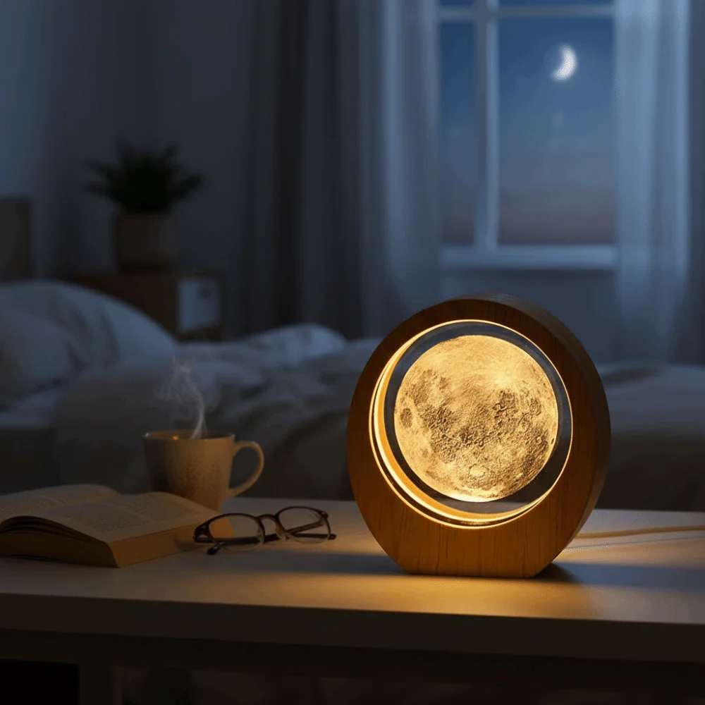 Wooden Base 3D Inner Carving Planet Night Light Solar System Astronomy Astronomy Theme Luminous Crystal Desktop Ornament