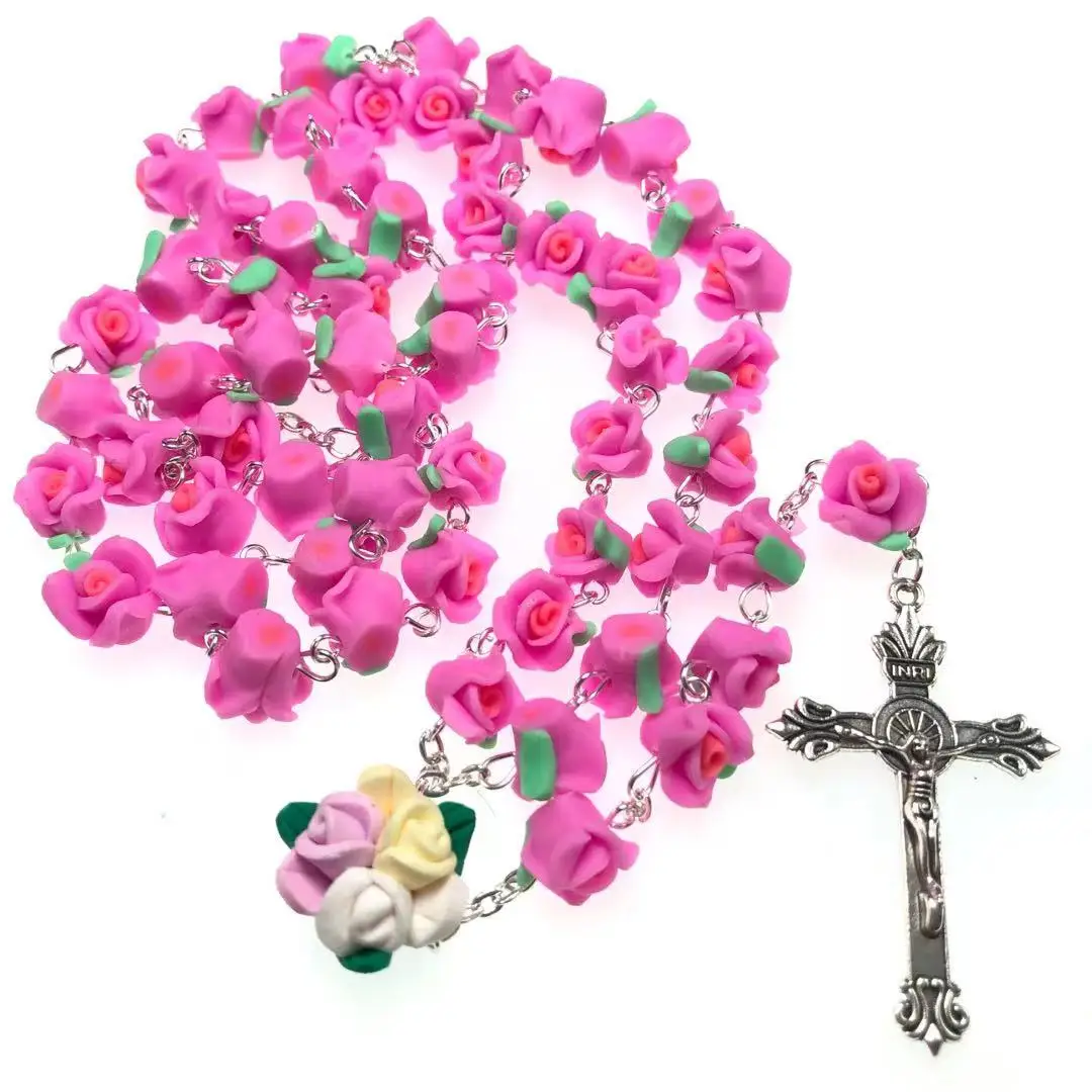 20pcs/set Handmade catholic Rosary necklace beautiful Pink Soft Clay beads rose rosary catholic crucifix Necklace free ship