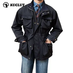Spring Men Vintage Jacket Outdoors Casual Loose Hunting Coat Slim Gentleman Style Multi Pocket Waterproof Drawstring Windbreaker