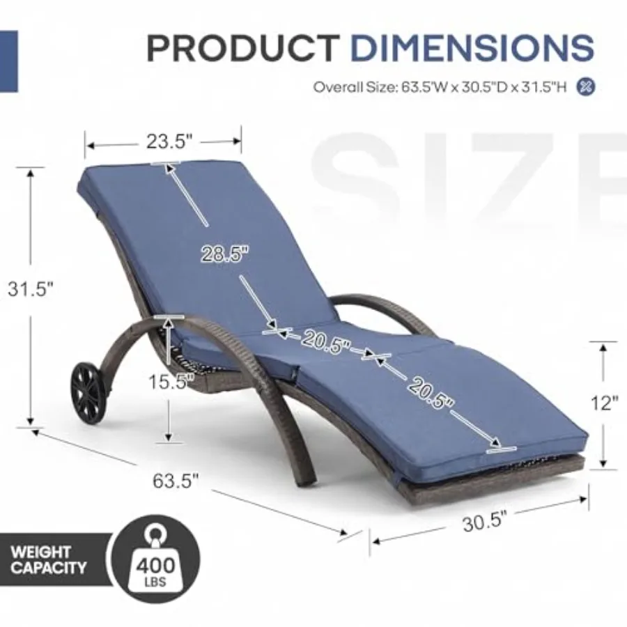 Outdoor patio lounge chairs with cushions wheels: PE rattan chaise lounge set, ergonomic curved pool reclining chair, all-weath