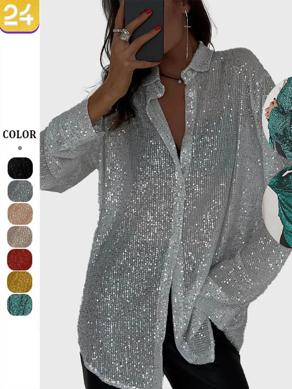 

Women's Loose Long Sve irt Flip Collar Sequin Top European Sle Polyester Fabric Pure Color Spring Summer Faion