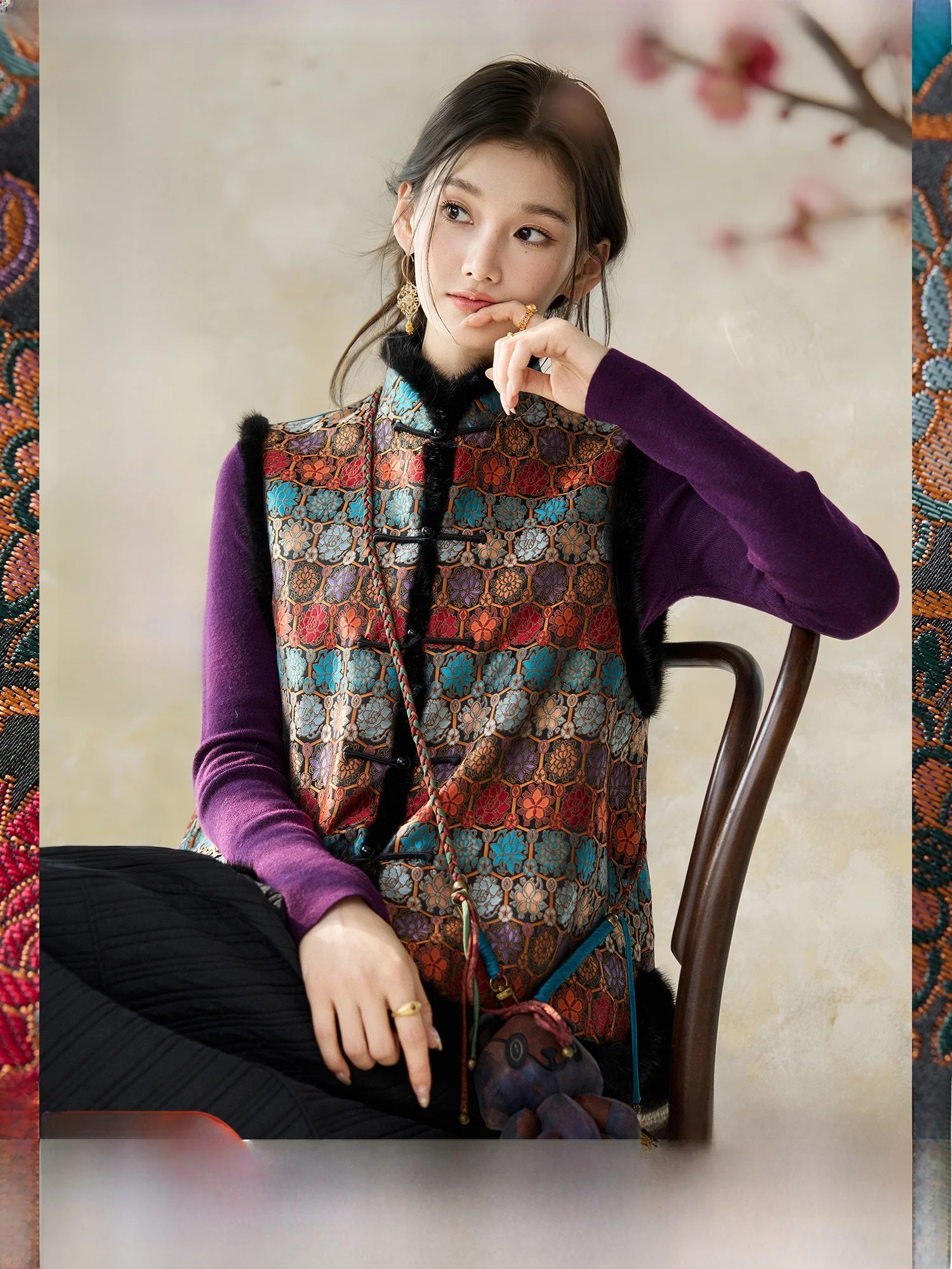 

New Chinese Sle Lotus Pattern Silk Mink Vest National Trend Cotton Jaet Naguagu ujiang Drunken Autumn Winter Coat