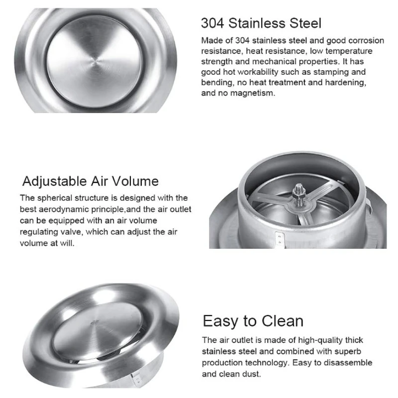 100/125/150mm Round Ceiling Vent Adjustable Air Vent Outlet Cover for Bathroom Ceiling Wall Ventilation Spherical Nozzle