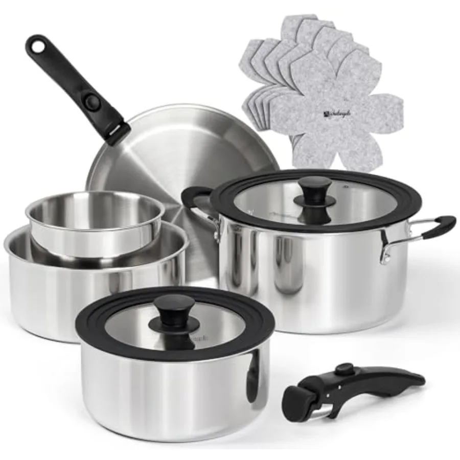 

14pcs Tri-Ply Stainless Steel Cookware Set with Detachable Handle Induction Kitchen Cookware Set Oven Safe Pots and Pans Stacka