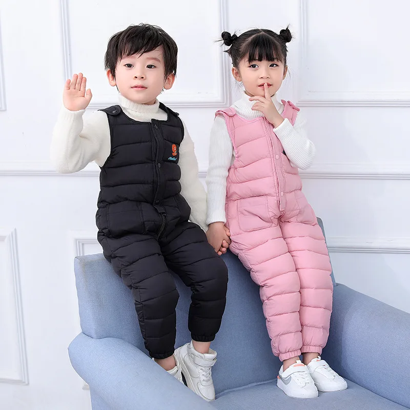 Children's Down Cotton Jumpsuit Strap Pants Solid Color Kids Warm Thicken add Velvet Overalls Pants for Girls Boys Clothing