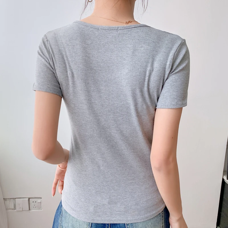 Sexy T Shirt For Women Summer Skinny Tee Shirt Femme Solid Short Sleeve Top Korean Style Slim Screw Thread Tshirt Woman Clothes