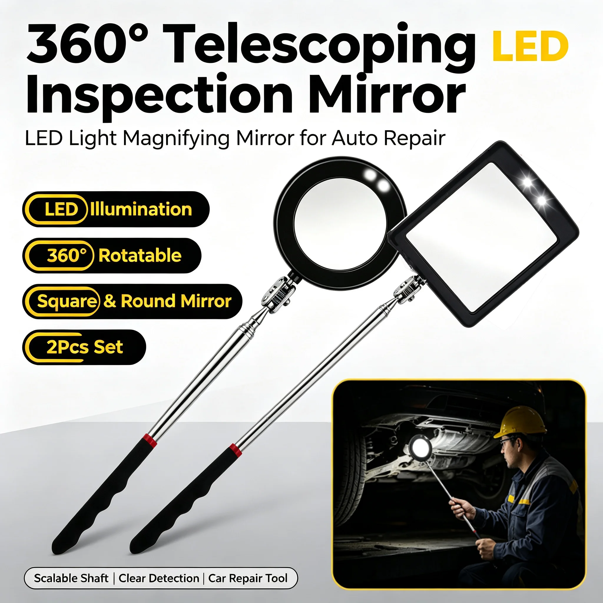 360° Telescoping LED Inspection Mirror- Square/Round Head Options, Extendable Handle for Auto Repair, Engine, Chassis & Home Use