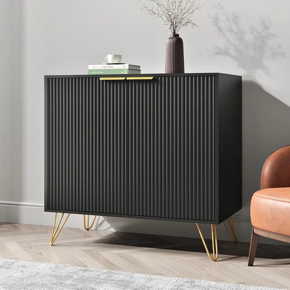 

Storage Cabinet, Black Buffet Cabinet with Metal Legs and Adjustable Shelf, Fluted Sideboard Accent Cabinet with 2 Doors