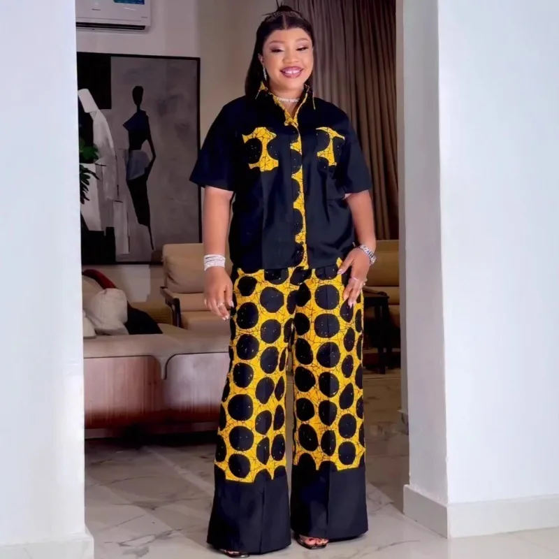 Conjunto de dos piezas para mujer africana, camisa de manga corta con cuello de solapa y estampado de lunares amarillos y negros, pantalones de pierna ancha, conjunto casual a juego de talla grande.