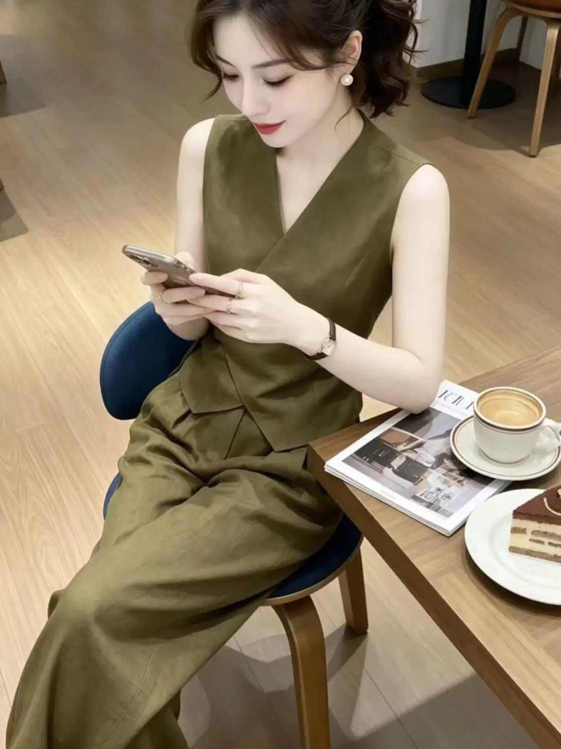 New Old-money Style Summer Women's Matching Sets Fashion V-neck Sleeveless Lace-up Slim Vest Top + Wide Leg Pants Suit