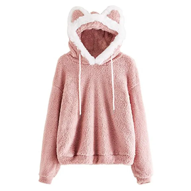 Cute Ear Hooded Pullover Fuzzy Fleece Sweatshirt Y2k Gothic Clothes Retro Streetwear Casual Fashion Harajuku Clothing 2025 New