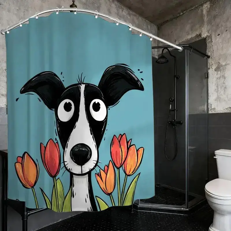 Whimsical Dog & Tulips Shower Curtain – Cartoon Whippet with Orange Tulips on Blue Background, 12 Hooks,  Waterproof Bath Decor