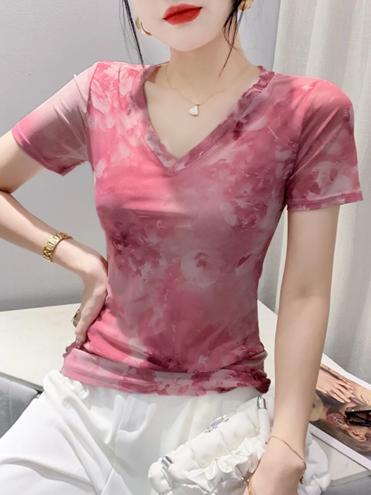 Faionable Anti-Aging V-Ne Me ort Sve T-shirt Dames Zomer Afslanken ves Bovenkleding Europese Veelzijdige Kleine S...