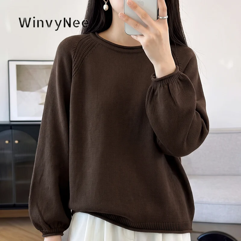 WinvyNee Women 100% Cotton Relaxed Fit Knitted Pullover Round Neck Lantern Sleeve Jumper Top Autumn Basic Soft Garment ZA1002065