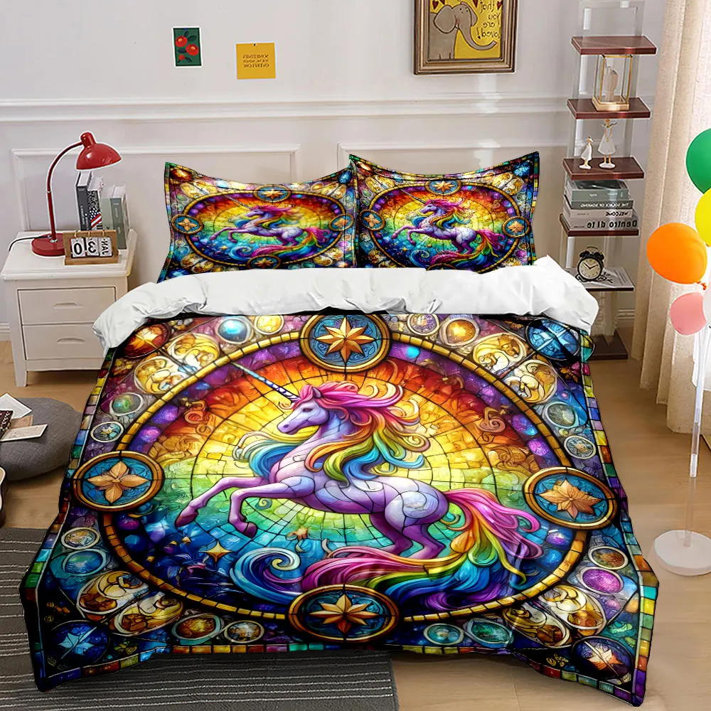 Rainbow Unicorn in Stained Glass Art Print Bedding Set 1 Duvet Cover 2 Pillowcases for Adult and Children Luxury Gift Full Size