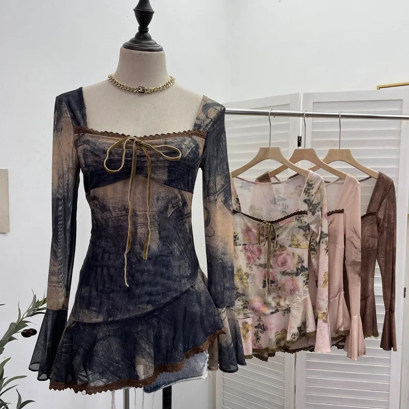 ISAROSE Vintage Tie Dyeing Tops for Women Square Collar Stretch Spring Autumn Mesh Flare Sleeve Asymmetrical Lace Edging T-shirt