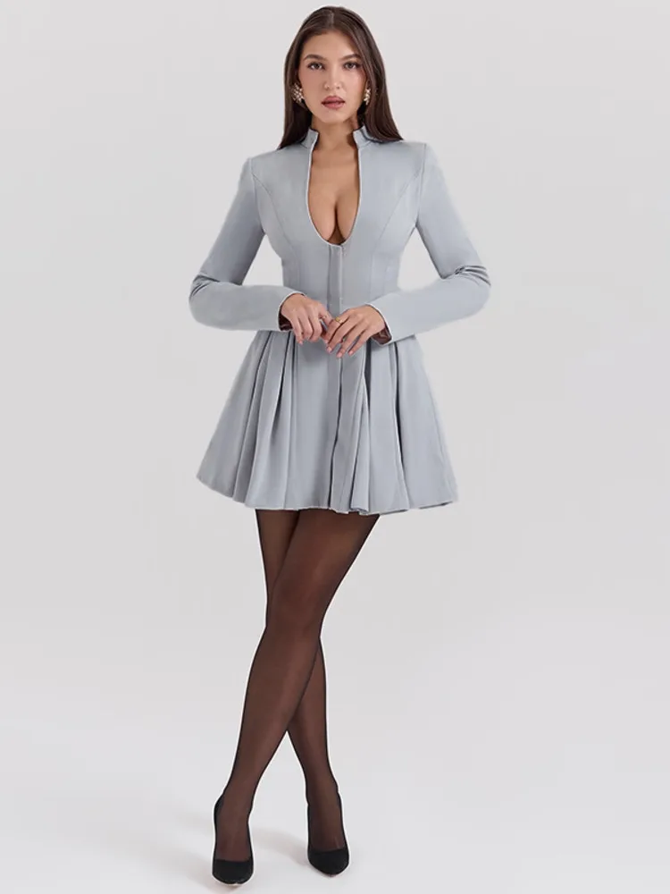 Mozision Gray Long Sleeve Sexy Mini Dress Women Solid V Neck High Waist A-line Club Party Pleated Sexy Dress Elegant Clubwear