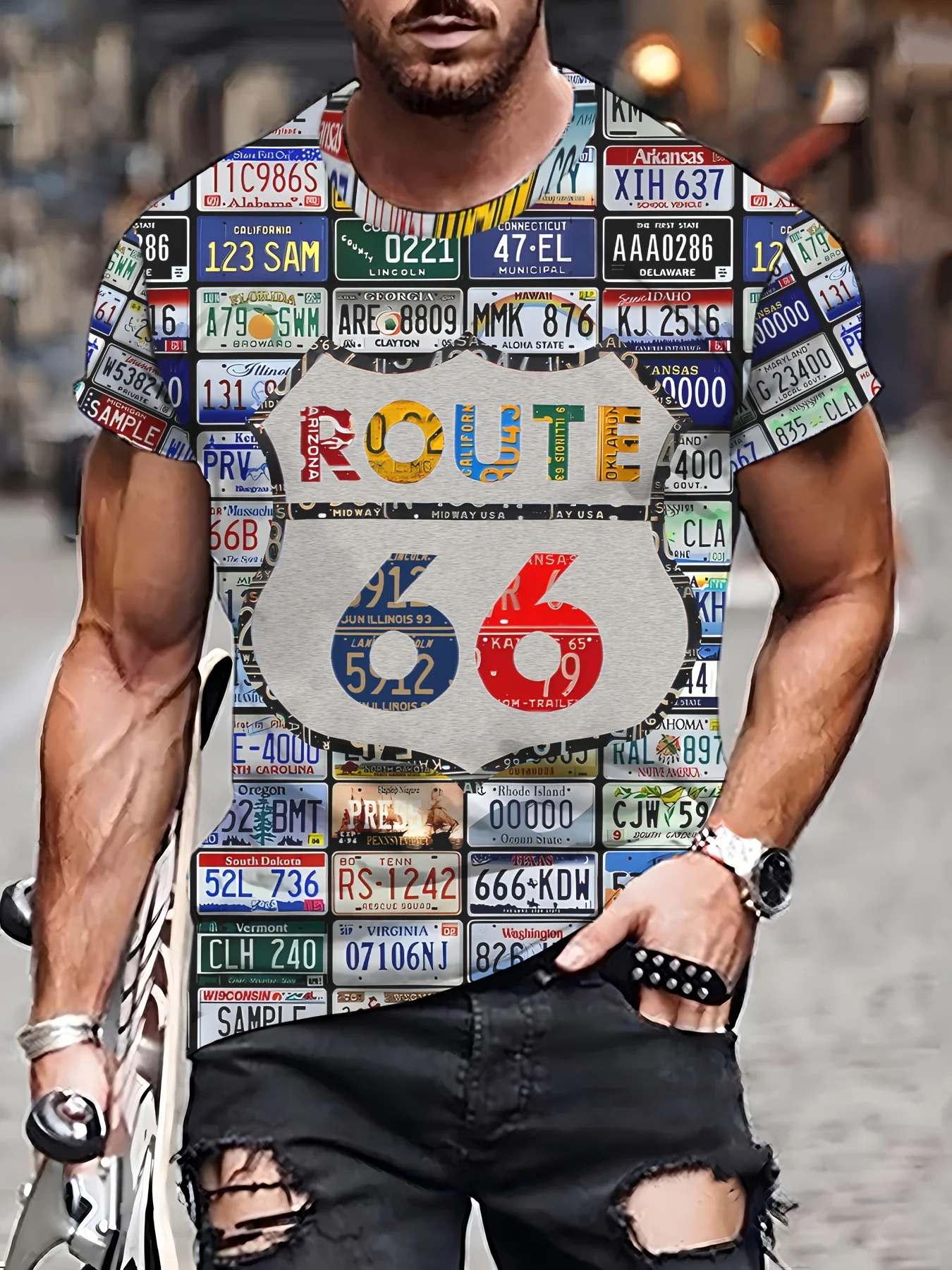 Fit Summer/Fall Men's Clothing 3d Printed Men's Route 66 Short Sleeve T-Shirt Men's Loose Fashion Casual Extra Size T-Shirt