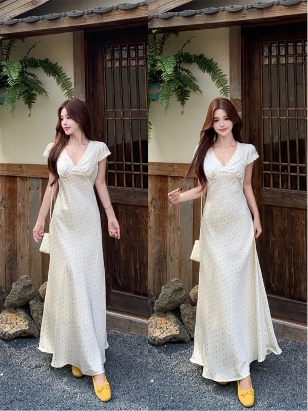 

Summer plus Size Polka Dot V Neck Lace Trim Dress Slimming Long a Line Skirt French Style Breathable Skin Friendly Short Sleeve