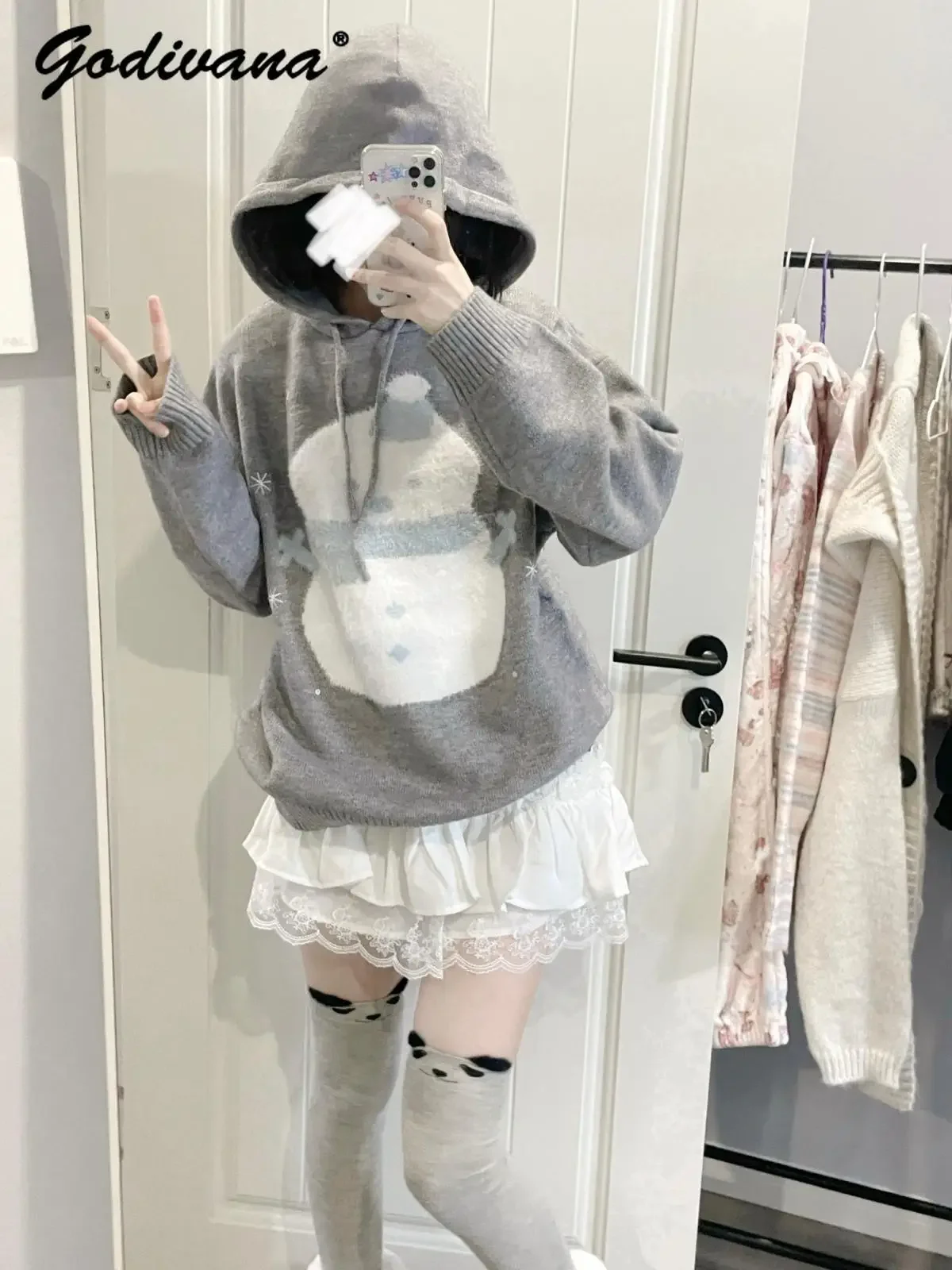 女性用グレーのスノーマンセーター、女の子用フード付きルーズ長袖プルオーバー、ニットトップ、ニットウェア、かわいい、新しい、y2k、秋冬