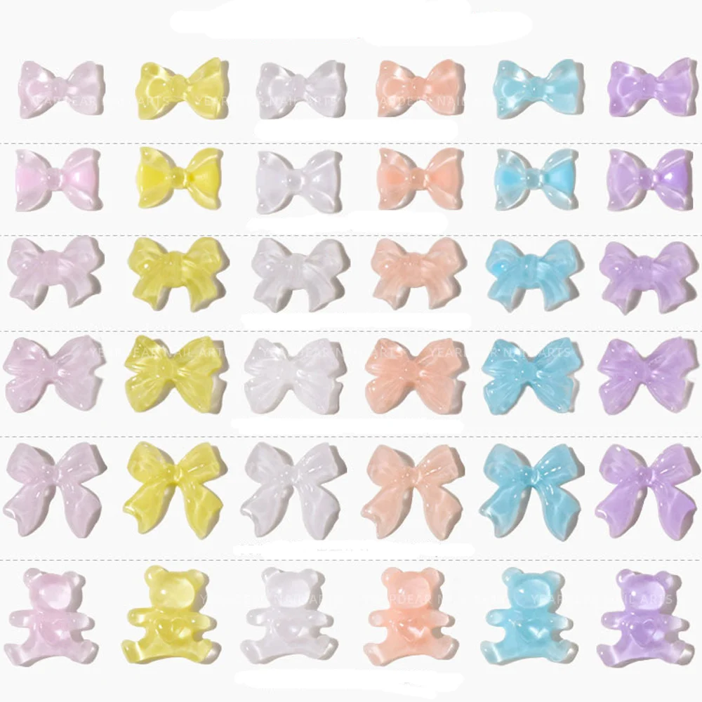 50pcs Jelly Ribbon Nail Art Charm 3D Kawaii Fudge Transparent Candy Color Bows Ribbon Nail Decoration DIY Nail Ribbon Parts