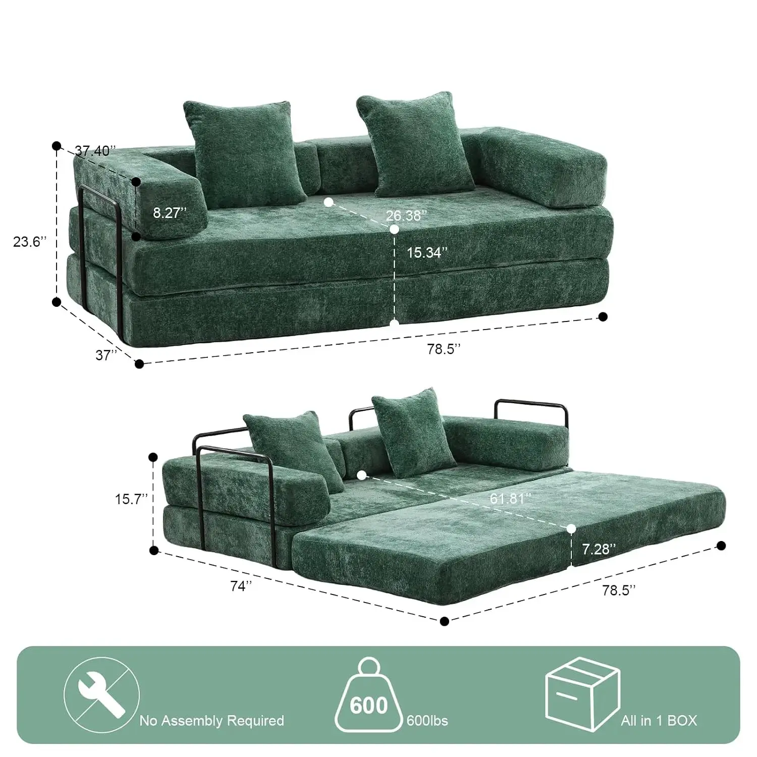Convertible Sleeper Sofa with Fixed Frame, Floor Lounge Couch with Cylindrical Pillow, Chenille Folding Mattress for Living Room