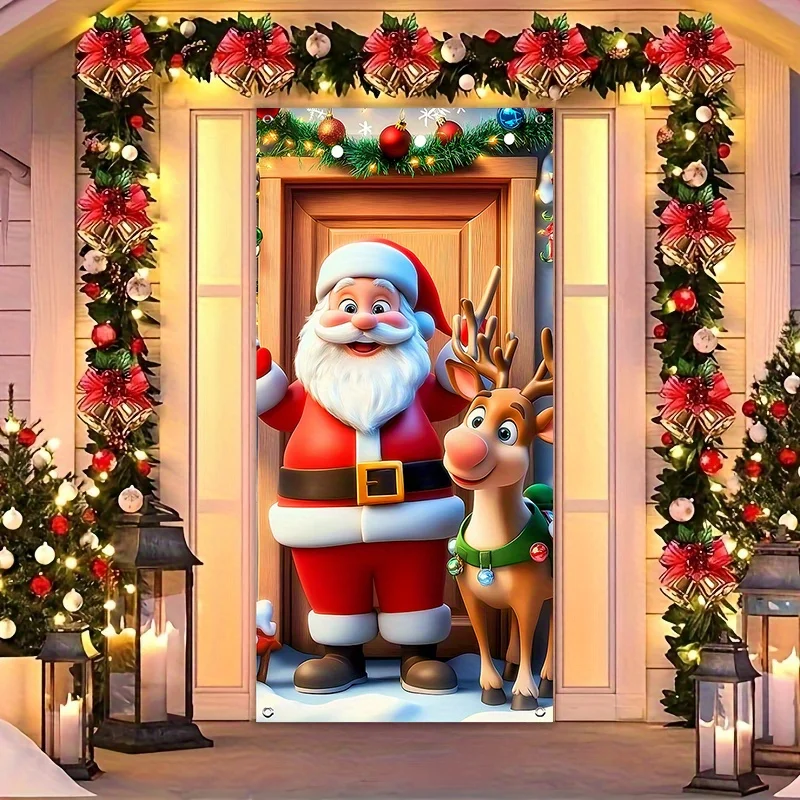 2D door flags, festive Santa Claus and reindeer Christmas door flags - polyester, festive decorations, for indoor/outdoor use
