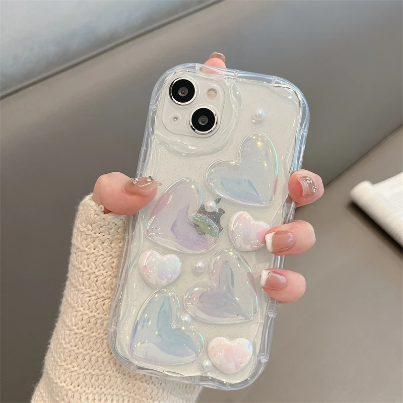 Laser Glitter Love Heart Bead Wrist Bracelet Clear Phone Case For IPhone 14 13 12 11 Pro Max X XR XS Fashion Wave Edge Cover