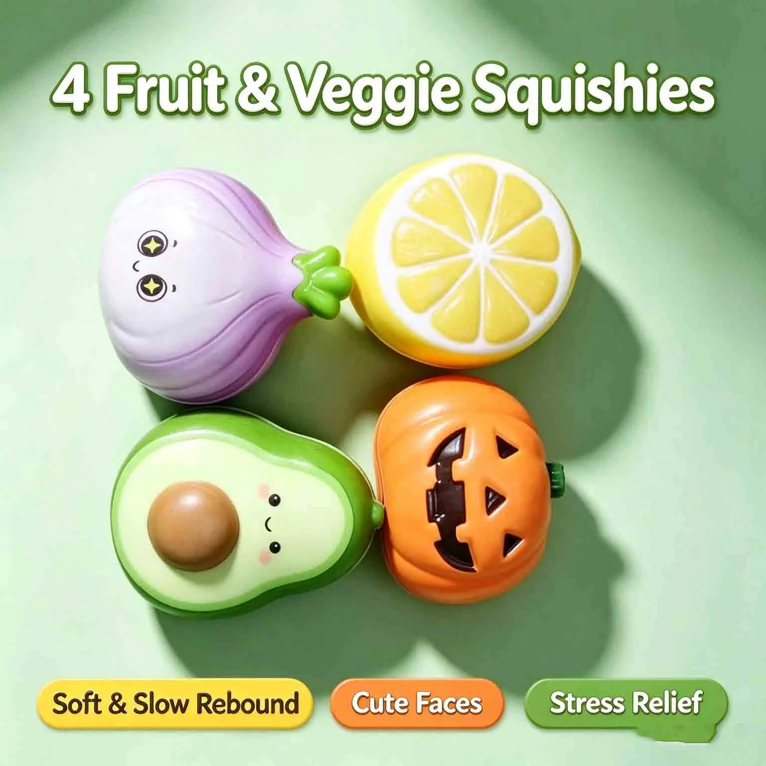 1/4/12Pcs Simulated Fruit Vegetable Squishy, Avocado Lemon Halloween Pumpkin Onion Slow Rebound Squeeze Relaxing Fidget Toy