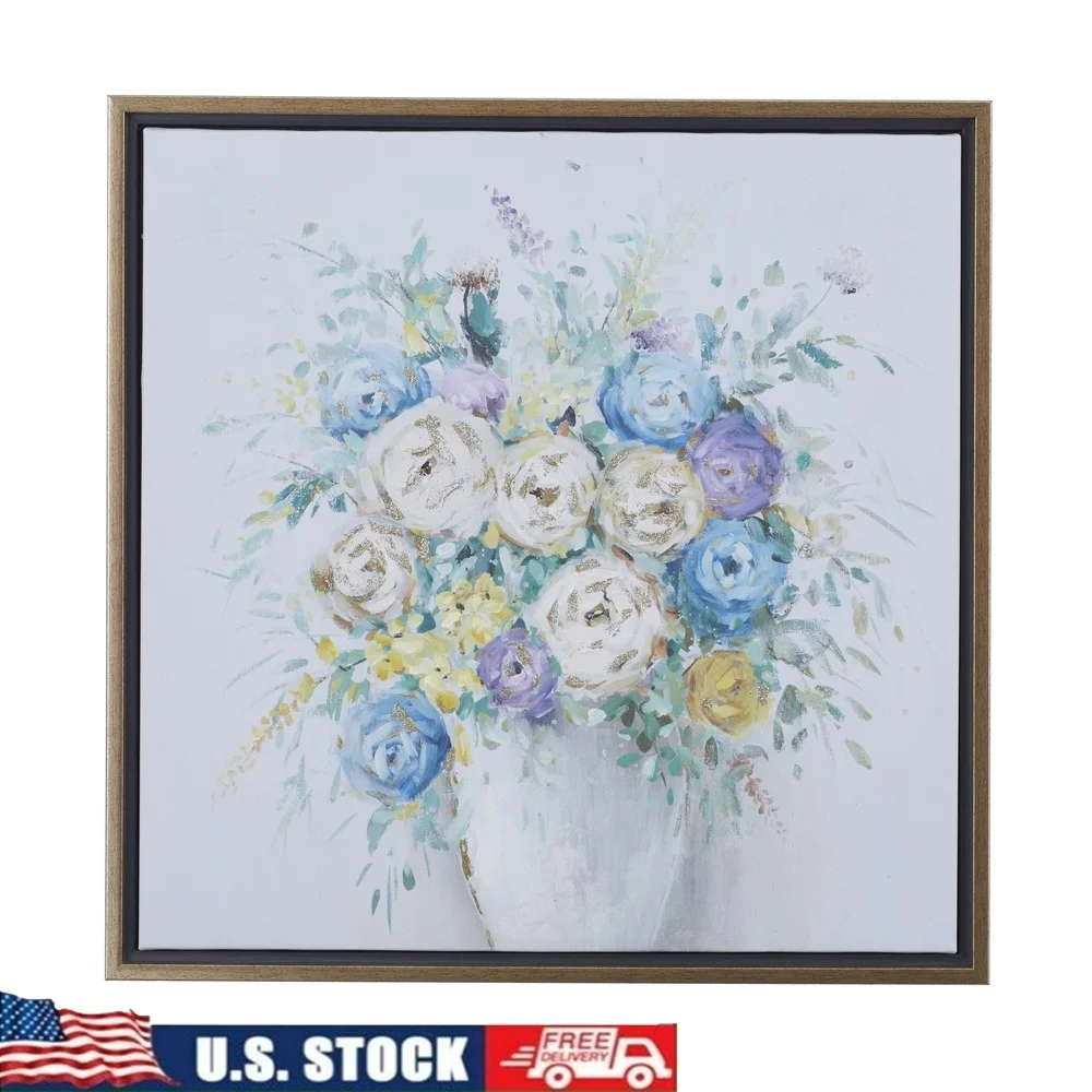 

Floral Framed Wall Art Square Canvas Home Decor French Country Style Vertical Bouquet Painting Living Room 24x24 Inches