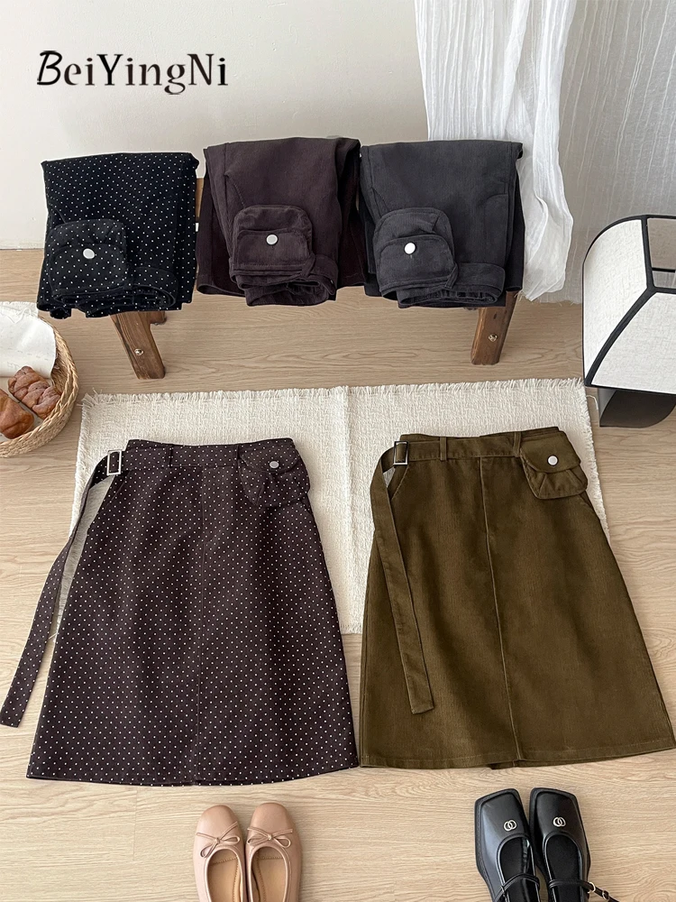 Beiyingni Korean Vintage Corduroy Pencil Skirts Women Polka Dot Printed French Elegant Short Skirt Ladies Versatile Stylish Jupe