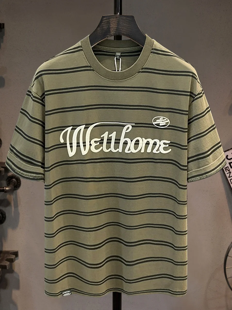 

Summer 2026 Men's Casual Loose Fit Cotton T-irt ort Sve round Ne Stripe Pattern Breathable Faionable Streetwear