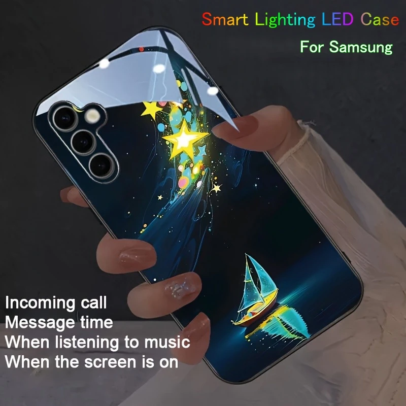 

Starry Sailboat Smart Lighting Phone Case For S24 S26 Ultra S25 S23 Plus S22 Ultra S21 Aesthetic Protective Cover LED Art Fundas