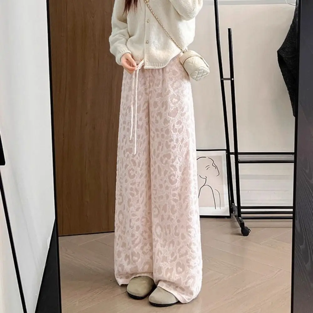 

Fashion Plush Velvet Leopard Pants Drawstring Loose Wide Leg Pants High Waist Thicken Warm Winter Pants Female