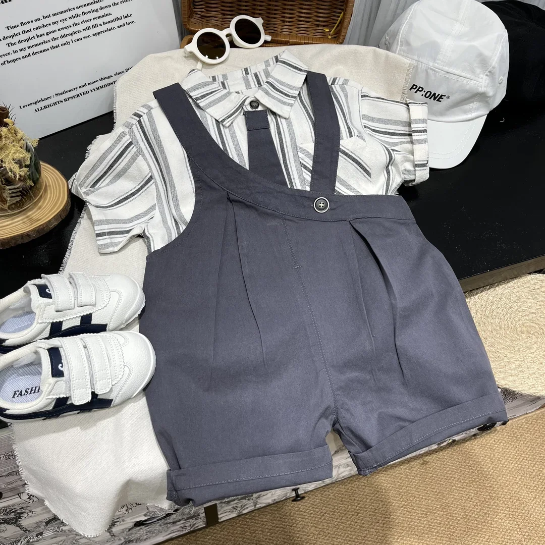 

Baby Boys Children Suits Summer Kids Fashion casual Outdoor Stripe Shirt Tie +Loose overalls Pants 2Pcs Handsome Gentleman Suits