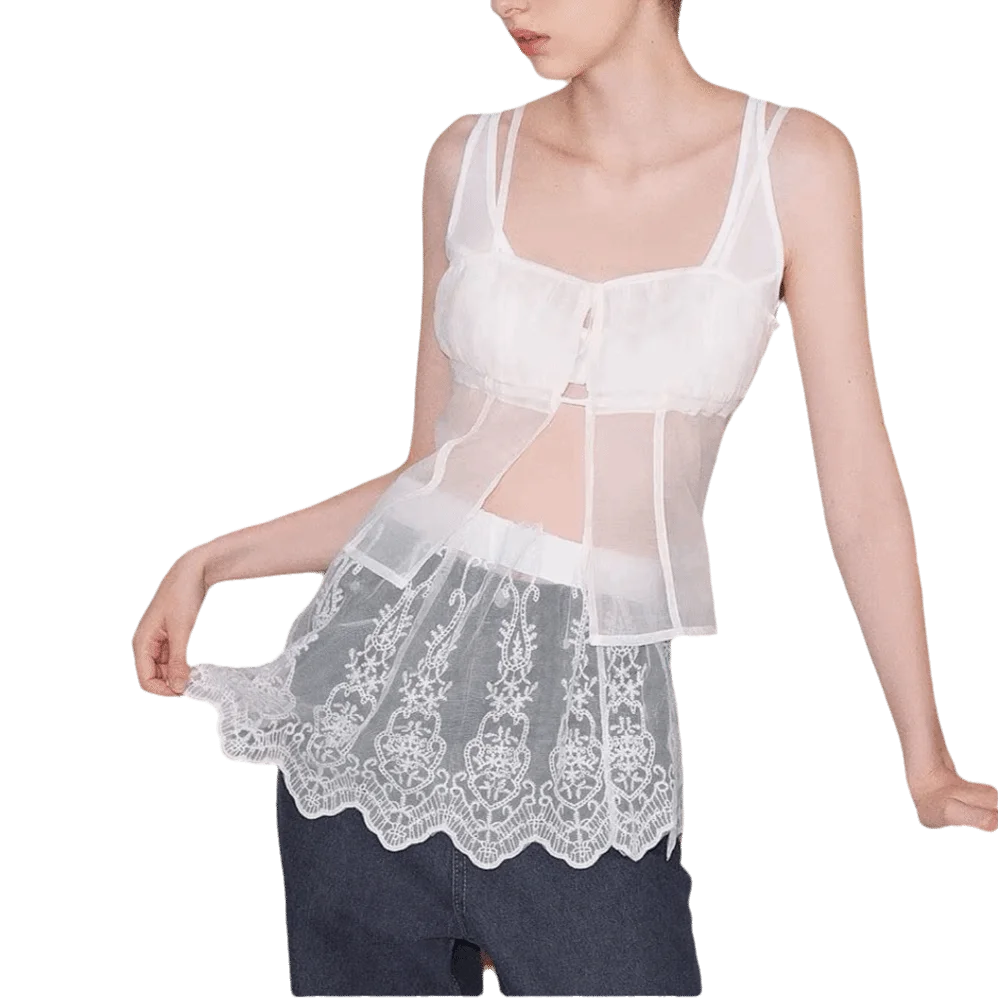 New Embroidered Flower Lace Mini Skirt Y2K Streetwear See Through Lace Up Ruffles Skirt Harajuku Pleated Skirts Jeans Decoration
