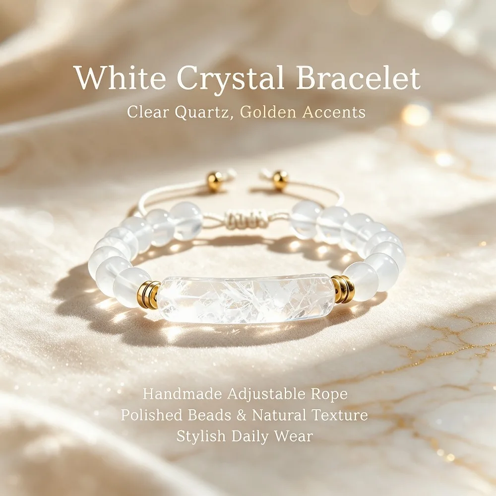 White Crystal Curved Tube Bridge Beaded Bracelet, Adjustable Braided Rope, Daily Accessory Gift for Women, Elegant Jewelry