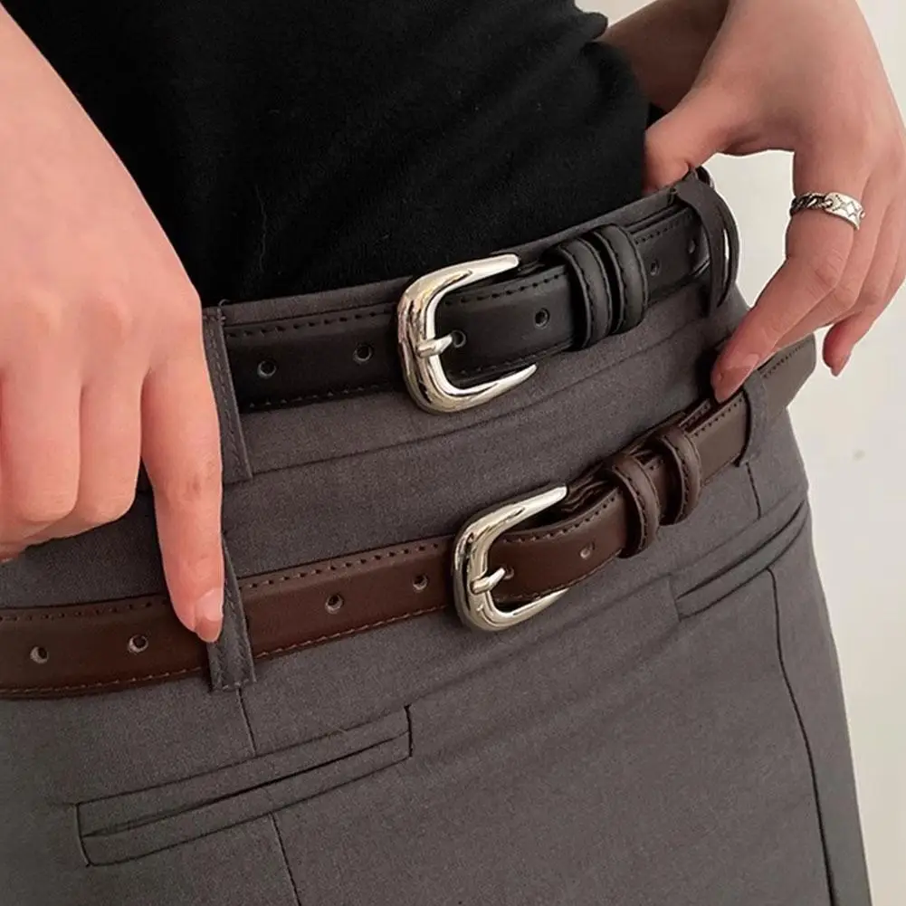 Fashion Thin Black Waist Belt Ladies Smooth Faux Leather Strap Silver U Shape Buckle For Pants Skirt Decoration